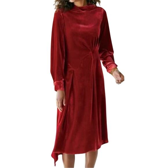 Soft Surroundings Saorise Red Velvet Midi Dress Sz 18 NWOT Ruched Asymmetric - Picture 1 of 13